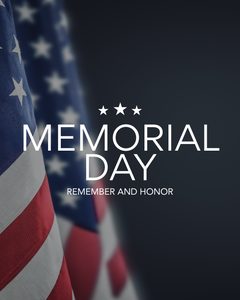 Memorial Day - Remember and Honor text over US flag image with three stars above